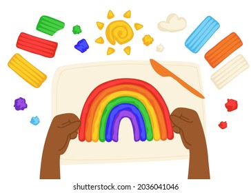 Kid sculpts sun, rainbow and cloud with plasticine, modelling clay tools, board and knife, art process, top view. Hand drawn illustration in modern cartoon flat style