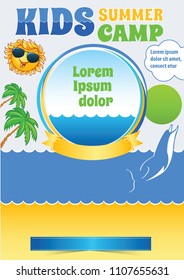 Kid Sea Camp Template, Summer Holiday Flyer, Exotic travel information design, tourism vector banner