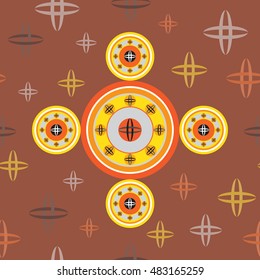 Kid seamless abstract pattern, colorful circles on chocolate background, ufo, planets.