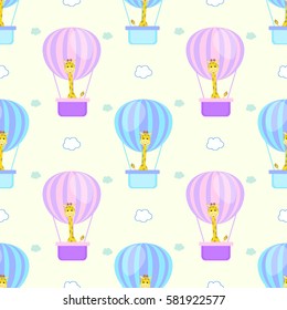  kid seamless pattern with a balloon, fly, giraffe cartoon vector illustration
