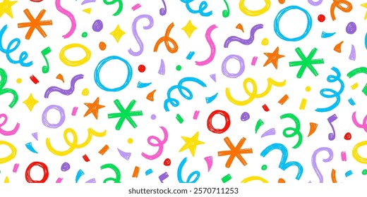 Kid seamless pattern child fun shape squiggle confetti background. Hand drawn color crayon background fun child squiggle shape. Crayon color confetti abstract seamless pattern vector illustration