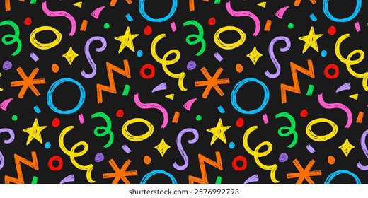 Kid seamless pattern child fun shape squiggle confetti background. Hand drawn color crayon background fun child squiggle shape. Crayon color confetti abstract seamless pattern vector illustration