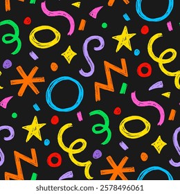 Kid seamless pattern child fun shape squiggle confetti background. Hand drawn color crayon background fun child squiggle shape. Crayon color confetti abstract seamless pattern vector illustration