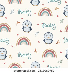 Kid seamless pattern with cute penguins and boho rainbow