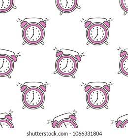 Kid seamless pattern with retro alarm clock on white background. Simple clock endless ornament. 