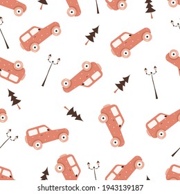 Kindernahtloses Muster mit einem roten Spielzeugauto und Weihnachtsbäumen. Für Verpackungen, Wrapper, Textilien, Tapeten, Bürobedarf. Vektorgrafik