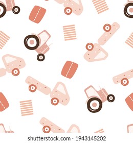 Patrón ininterrumpido de niños con camión de juguetes, tractor. Para embalajes, embalajes, textiles, papel pintado, suministros de oficina. Vector