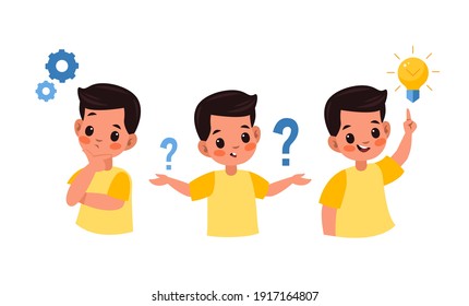 Kid searches idea process. Boy solves challenge, student child in thinking process, question mark, gears and ideas light bulb over head, imagination and new idea, vector flat cartoon isolated concept