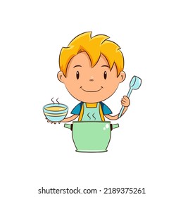 Kid serving soup, happy cute child