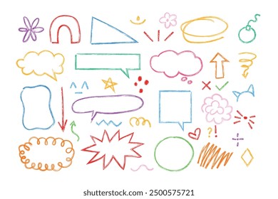 	
Conjunto infantil de crayón, lápiz, textura de tiza. doodle, garabato arte de los niños, infantil y divertido. Chat de burbujas, marcos, flecha, marco, expresión, garrapata, estrella, emoji, nube, forma y más.	
