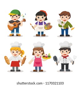 Kid Set of different professions. Artist, Architect, Baker, Chef. Vector illustration in a flat style