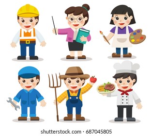 Kid Set of different professions. Artist, Teacher, Mechanic, Engineer, Chef, Farmer. Vector illustration in a flat style. Isolated vector