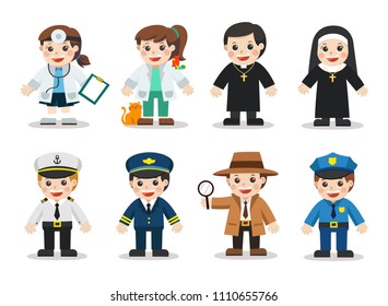 Kid Set of different professions. Doctor, Veterinary, Bishop, Nun, Police, Detective, Naval, Air Force. Vector illustration in a flat style