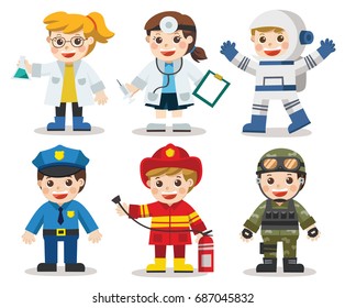 Kid Set Of Different Professions. Doctor, Scientist, Soldier, Astronaut, Police, Fireman. Vector Illustration In A Flat Style. Isolated Vector