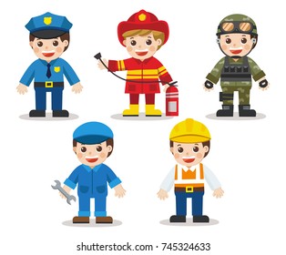 Conjunto de niños de diferentes profesiones. Doctor, mecánico, soldado, ingeniero, policía, bombero. Ilustración de vectores en un estilo plano