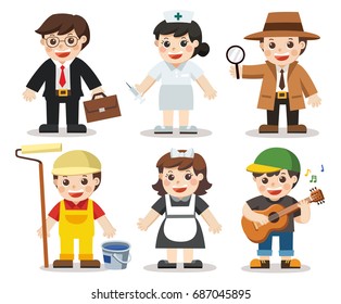 Kid Set of different professions. Musician, Maid, Detective, Nurse, Painter, Office Worker. Vector illustration in a flat style. Isolated vector