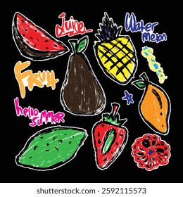 Kid set sticker of various kinds of fruits, crayons and pencil texture, fun cute for children drawing style elementsKid set sticker of various kinds of fruits, crayons and pencil texture, fun cute for