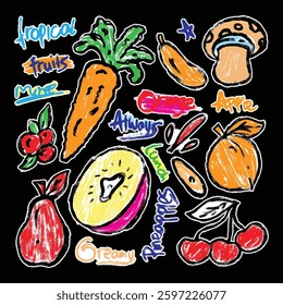 Kid set sticker of various kinds of fruits, crayons and pencil texture, fun cute for children drawing style 