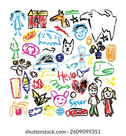 Kid set sticker of various kinds of fruits, crayons and pencil texture, fun cute for children drawing style