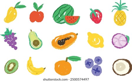 Kid set of various kinds of fruits, crayons and pencil texture, fun cute for children drawing style elements,	
