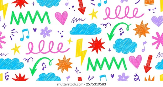 Kid shape color seamless pattern background. Crayon scribble fun children color hand drawn pencil brush shape seamless background. Abstract pattern crayon children pattern design. Vector illustration