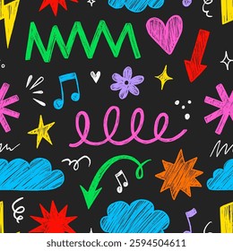 Kid shape color seamless pattern background. Crayon scribble fun children color hand drawn pencil brush shape seamless background. Abstract pattern crayon children pattern design. Vector illustration