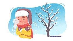 Kid Shivering In Chilling Cold Winter Season Weather. Freezing Child Wearing Earflaps Hat And Scarf Experiencing Below Zero Temperature Outdoors Blowing Mouth Steam. Flat Vector Character Illustration