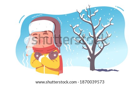 Kid shivering in chilling cold winter season weather. Freezing child wearing earflaps hat and scarf experiencing below zero temperature outdoors blowing mouth steam. Flat vector character illustration