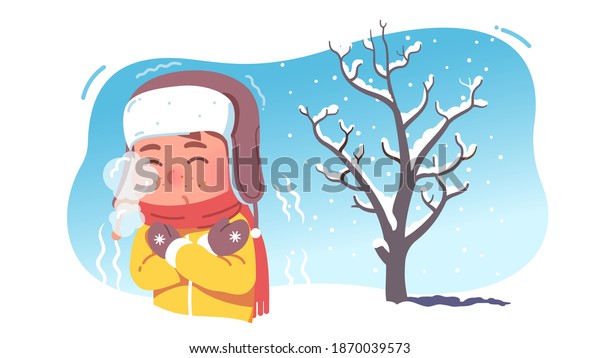 Kid shivering in chilling cold winter season\
weather. Freezing child wearing earflaps hat and scarf experiencing\
below zero temperature outdoors blowing mouth steam. Flat vector\
character illustration