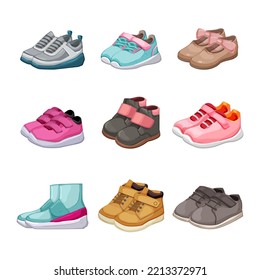 kid shoes set cartoon. child fashion, sport shoes, footwear boy, foot pair, style kid shoes vector illustration