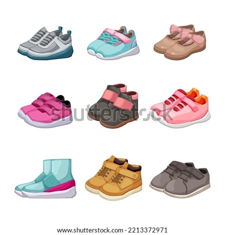 kid shoes set cartoon. child fashion, sport shoes, footwear boy, foot pair, style kid shoes vector illustration