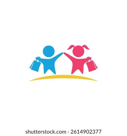 Kid shop logo. Vector symbol with children's clothes, boy and girl join hand with shopping bag.