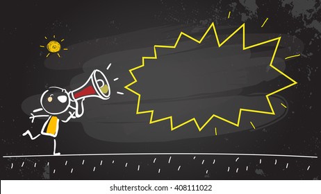 Kid shouting, communicating in a megaphone, news announcement. Vector illustration, chalk on blackboard doodle, hand drawn sketch, scribble. 