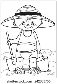 Kid with shovel and bucket. The little boy with big hat with a bucket and shovel standing on hillocks of sand. Coloring page
