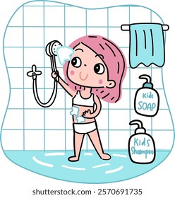 Kid is showering in bathroom cartoon