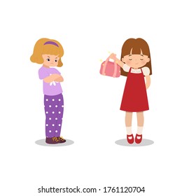 A kid showing off her new bag to her friend. Girl feeling envious and upset because of her friend's attitude. Flat style cartoon isolated on white background. 