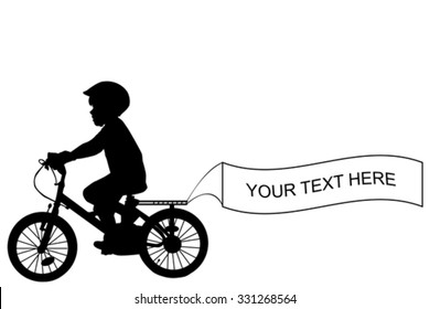 Kid silhouette riding a bike and holding a banner with place for sample text