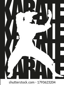 Kid silhouette in sports poses on the background of the inscription Karate