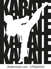 Kid Silhouette in sportlichen Posen auf dem Hintergrund der Inschrift Karate