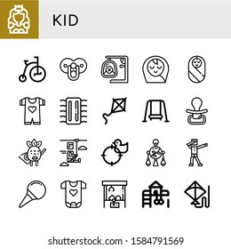 kid simple icons set. Contains such icons as Princess, Tricycle, Pacifier, Swing, Baby boy, Baby, Baby clothes, Inflatable, Kite, Superhero, can be used for web, mobile and logo