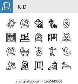 Kid Simple Icons Set. Contains Such Icons As Swing, Superhero, Baby Boy, Kite, Baby, Children, Sandbox, Feeding Chair, Monkey Bars, Car Seat, Can Be Used For Web, Mobile And Logo