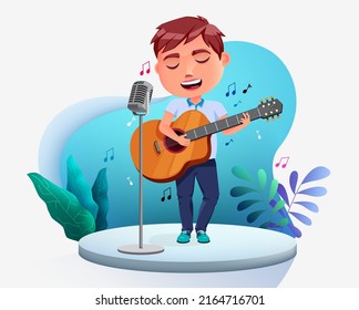 Kid singer vector character design. Boy student singing and playing guitar in stage element for educational kid musical performance. Vector illustration.
