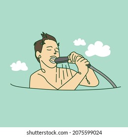 Kid singing happily in the shower. Line art style vector illustration 