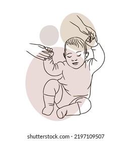 The kid sits, holds his mother's hand, the first steps, care, love of parents, sketches of doodles
