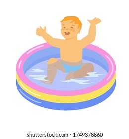 El niño se sienta en una piscina inflable con agua. El niño sonríe y se mueve las manos. Ilustración vectorial. Aislado sobre un fondo blanco. Estilo plano.