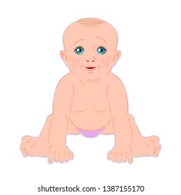 The kid sits and looks with his blue, wide-open eyes.