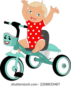 The kid sits on a turquoise children's tricycle with a basket for things and smiles..