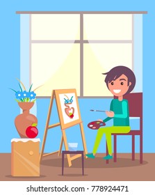 Kid sits in room with large window and paints still life picture with flowers in clay vase on paper attached to wooden easel vector illustration.