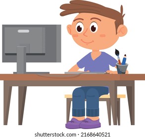 Niño sentado en el escritorio de la computadora. Carácter de niño sonriente