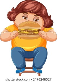 A kid sitting and eating a burger